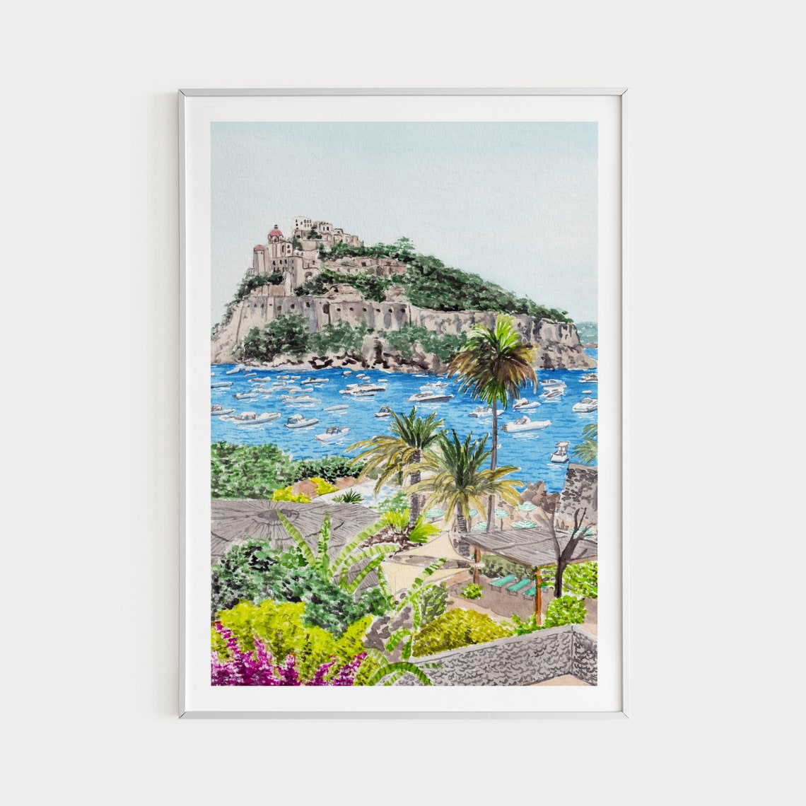 Ischia Italy Castello Aragonese Cliff Boats Watercolor Poster