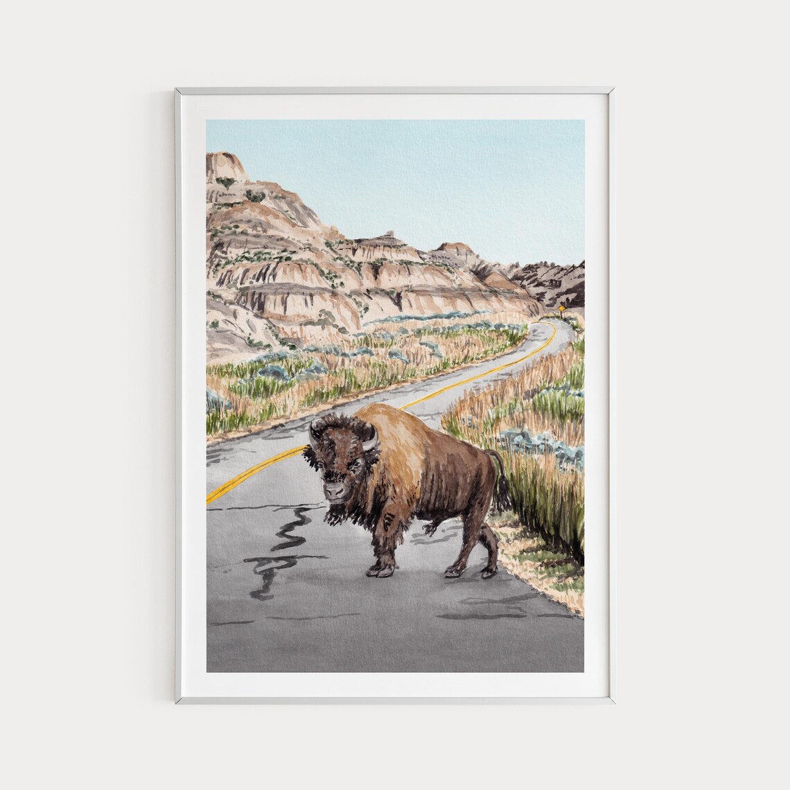 North Dakota Badlands Bison on Road Watercolor Landscape Poster