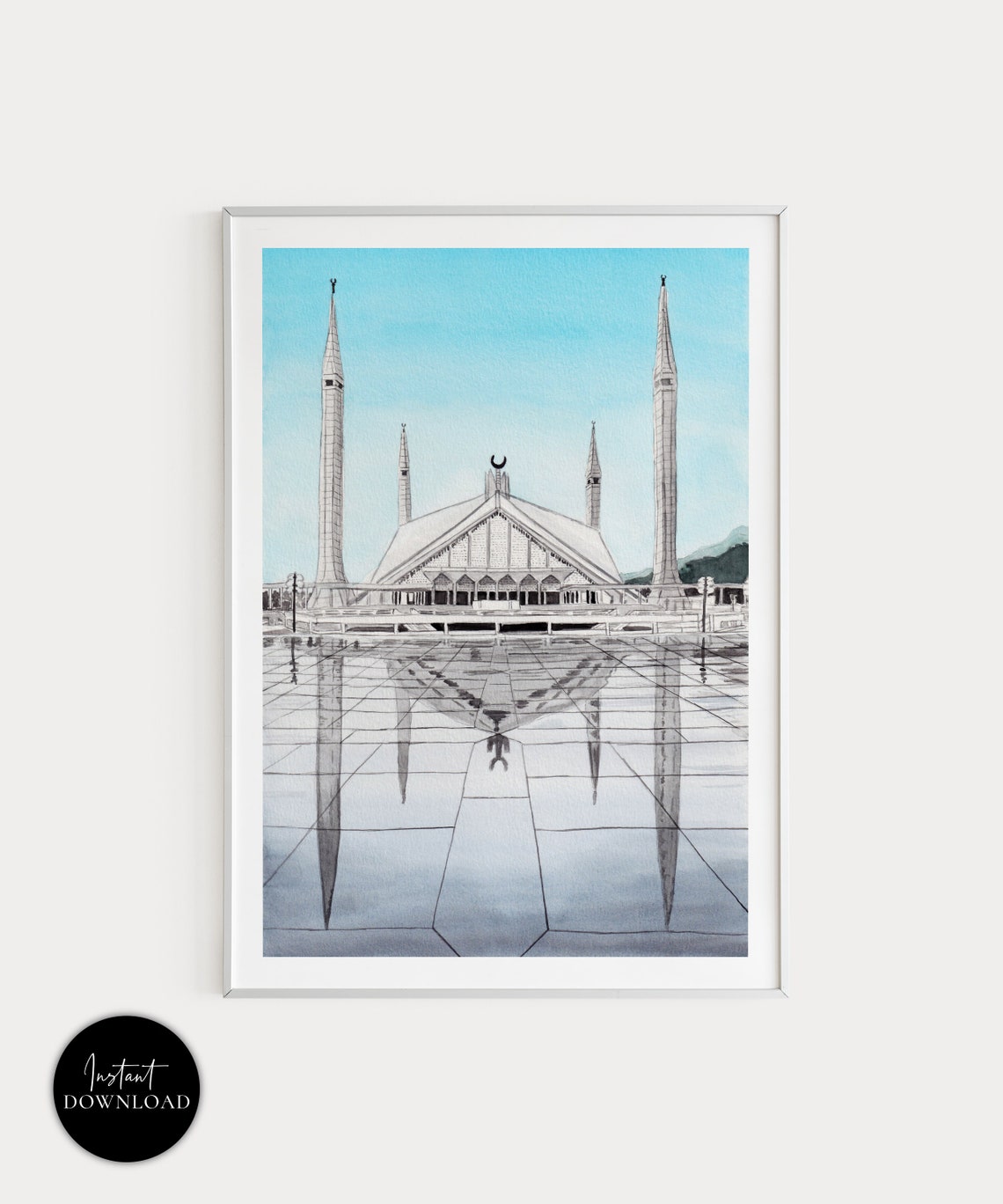 Faisal Mosque Islamabad Marble Courtyard Reflection Watercolor Poster