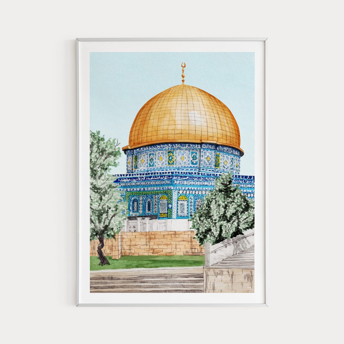 Jerusalem Golden Dome Mosque Watercolor Blue Tile Shrine Poster