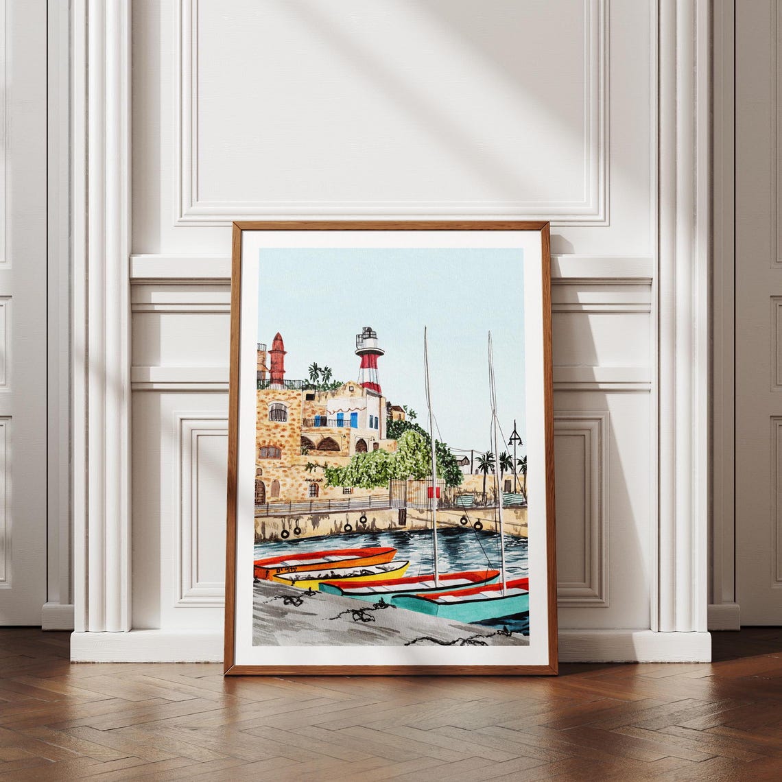Tel Aviv Old Jaffa Port Watercolor Lighthouse Boats Scene Poster - Image 3