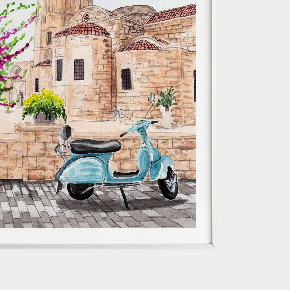 Larnaca Cyprus Watercolor Church Bell Tower Blue Scooter Poster - Image 2