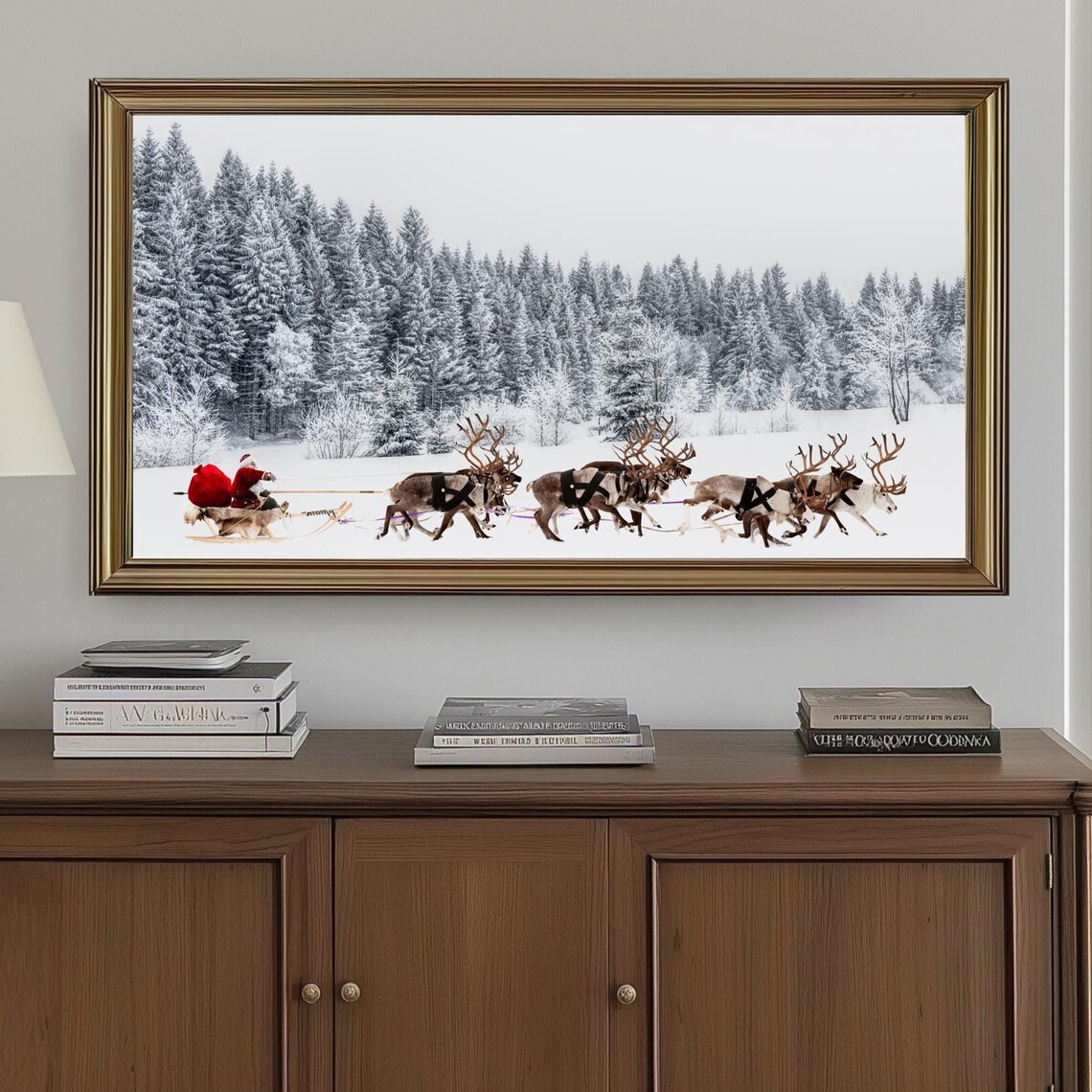 Santa Sleigh Reindeer Team Snowy Forest Panoramic Christmas Eve Poster