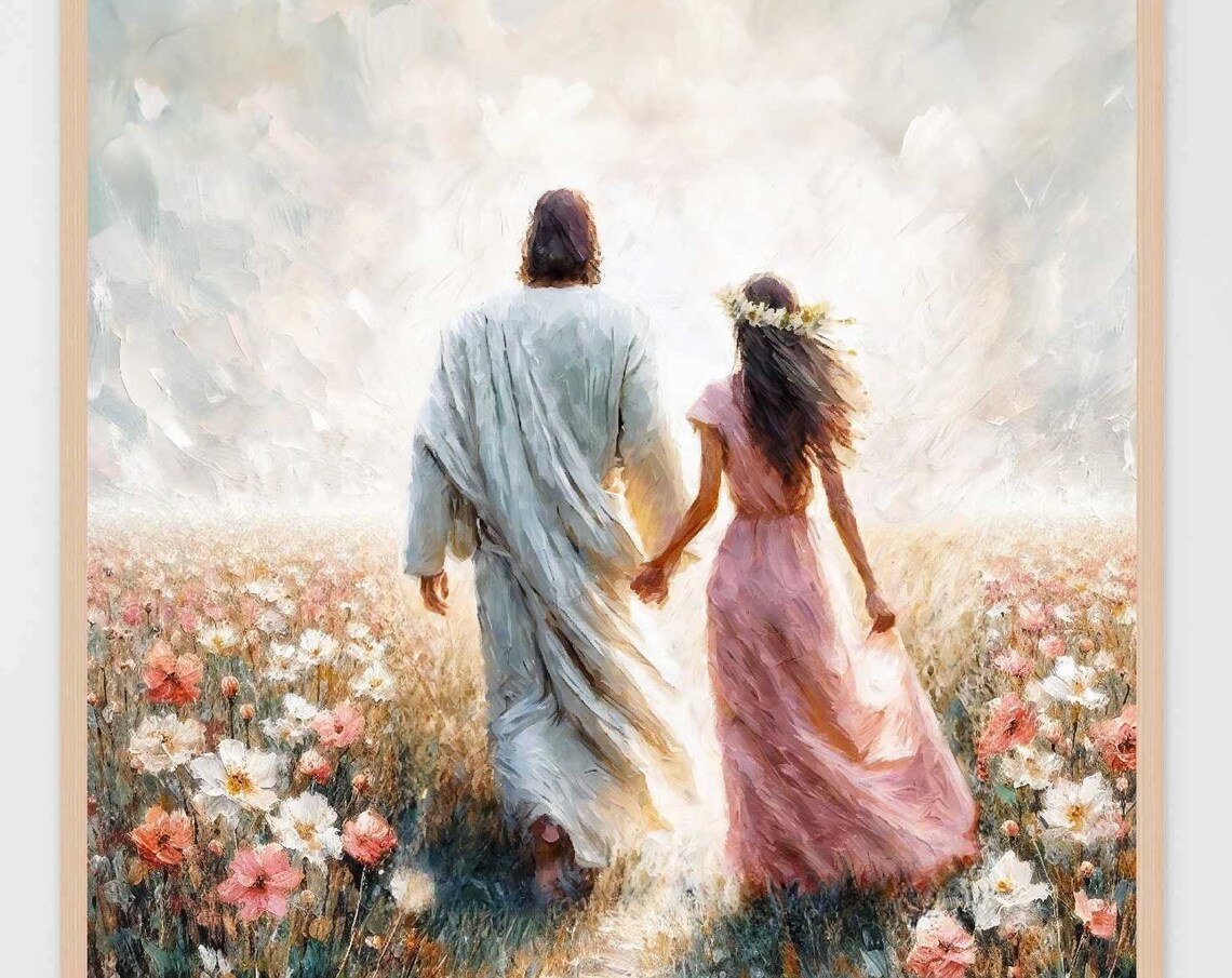 Jesus and Woman Walking Through Flower Field Hand in Hand Poster - Image 7
