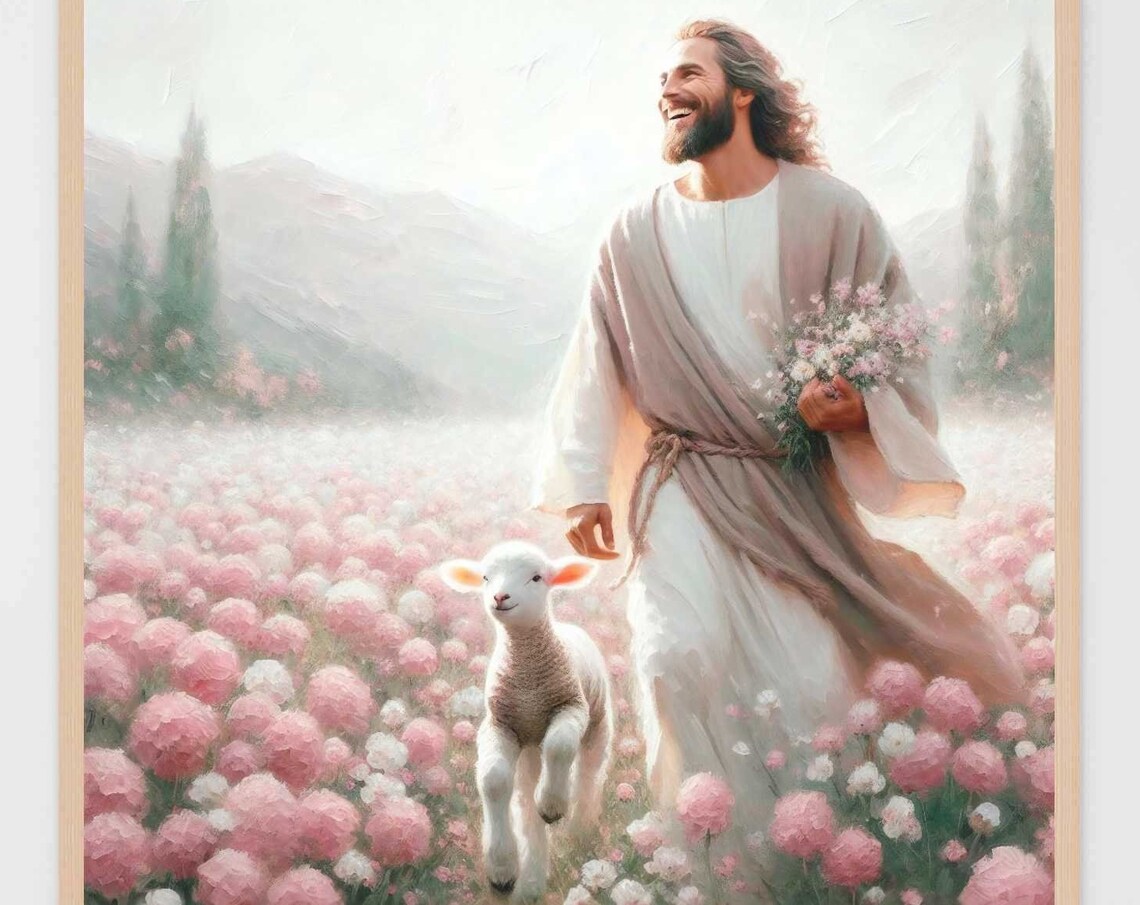 Jesus Good Shepherd Smiling Lamb Pink Flower Field Mountain Christian Print - Image 7