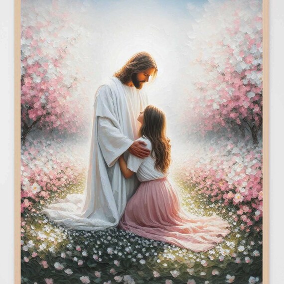 Jesus Comforting Little Girl Among Pink Blossom Trees Poster
