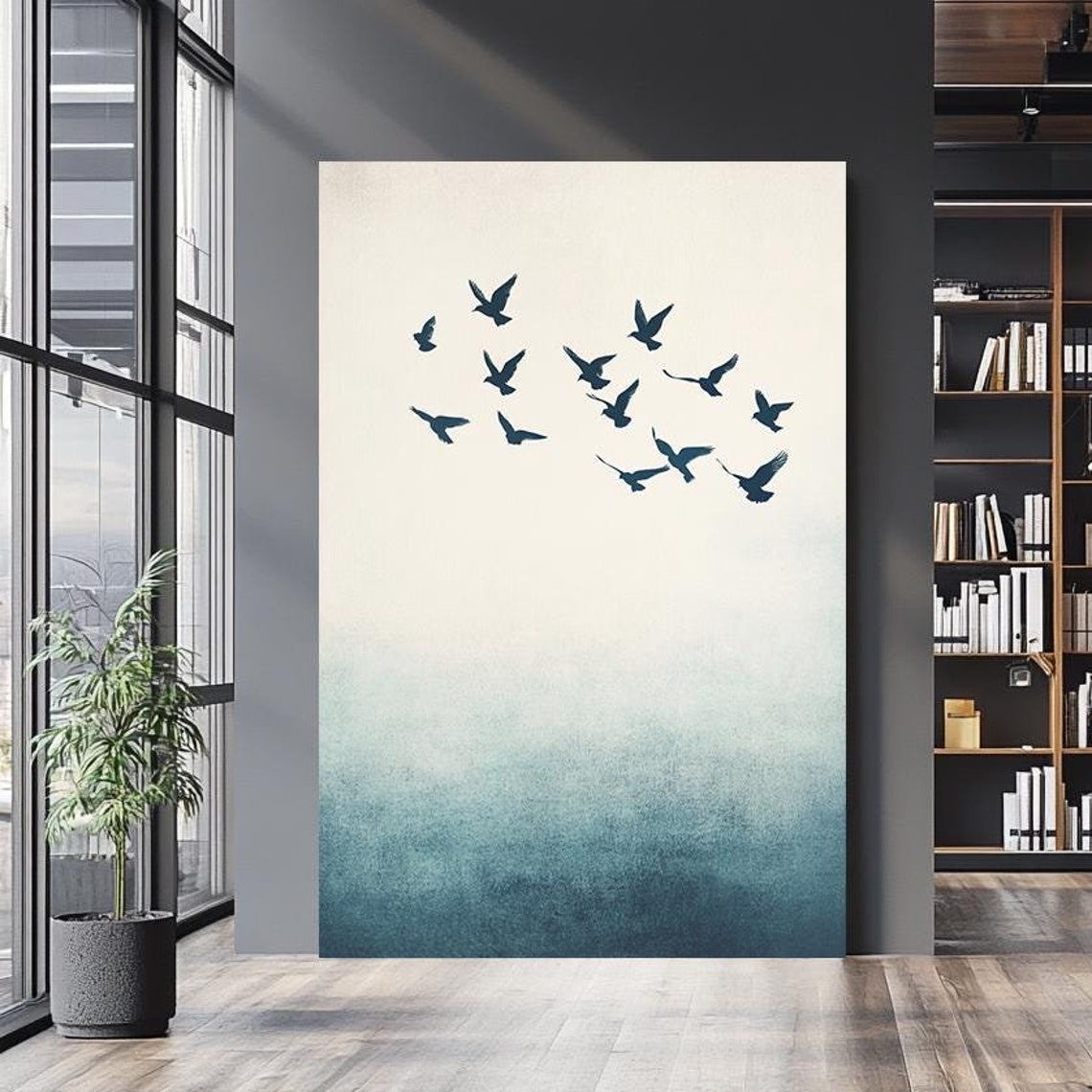 Minimalist Flying Birds Silhouette Teal Ombre Sky Nature Wall Art