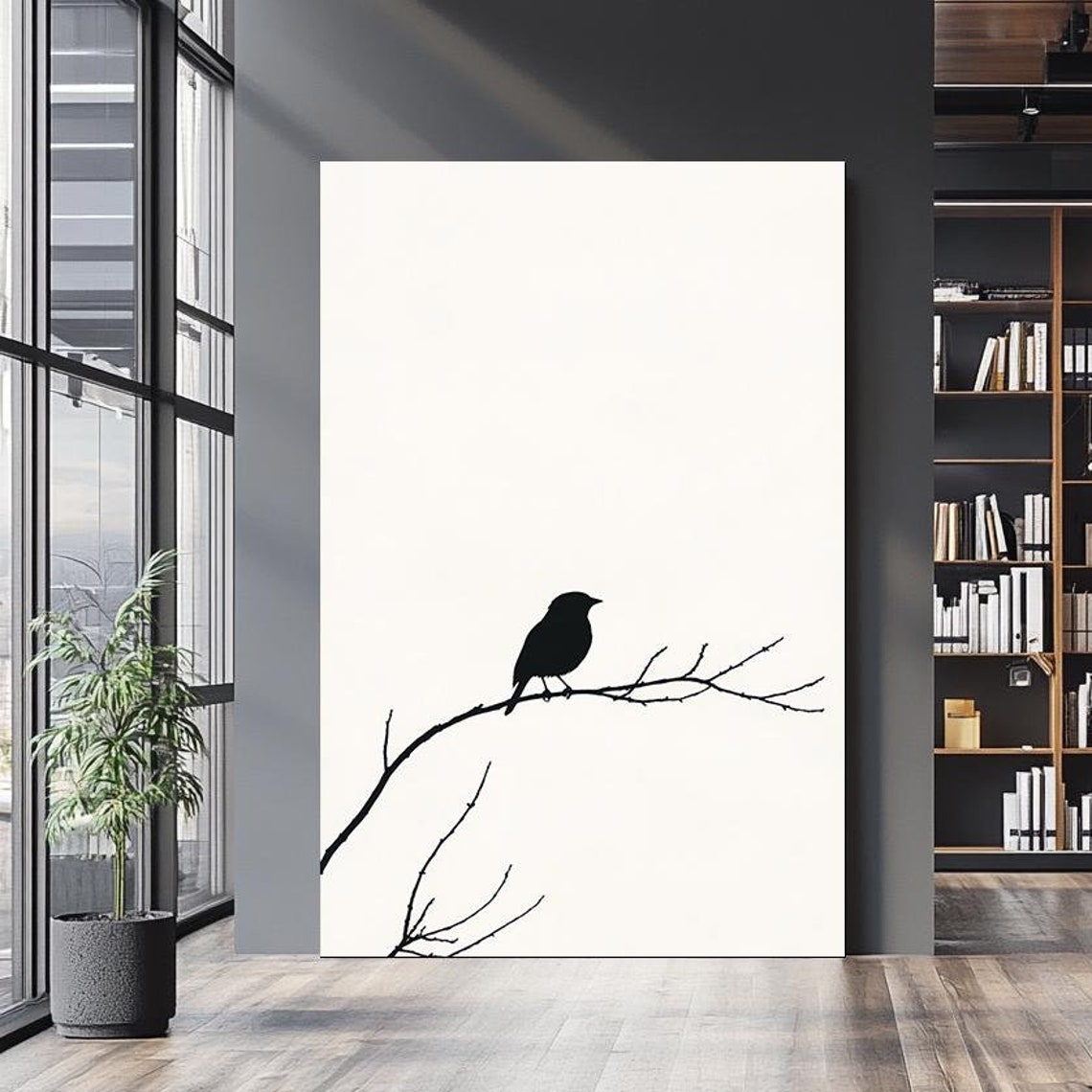 Minimalist Black Bird Silhouette Perched on Bare Branch Wall Art