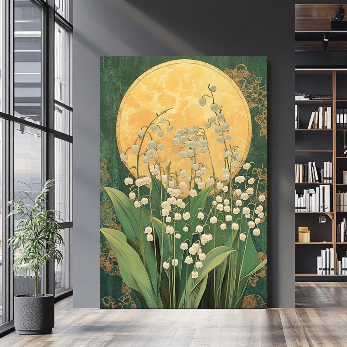 Lily Of The Valley Golden Moon Dark Green Vintage Floral Art Poster
