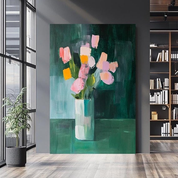 Abstract Floral Wall Art Bold And Colorful Modern Vase Painting Contemporary Botanical Artwork For Home Or Office Decor