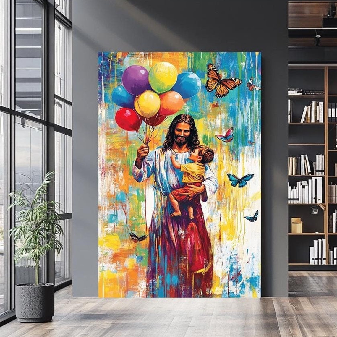 Jesus Embracing Child Rainbow Balloon Bouquet Butterfly Wall Art