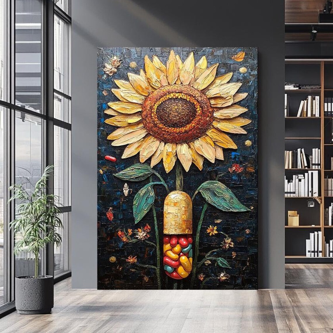 Sunflower Capsule Surreal Textured Impasto Floral Painting Art Poster