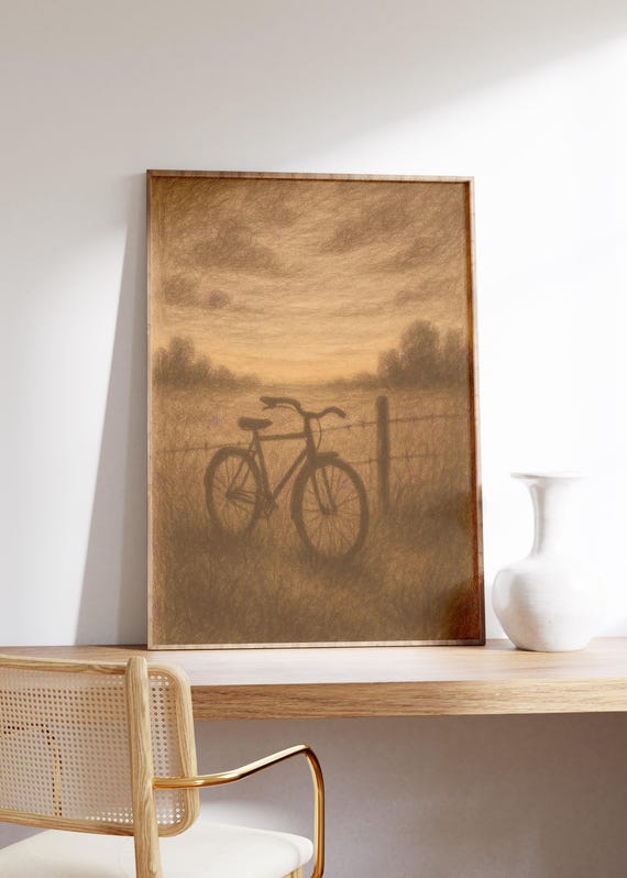 Abandoned Bicycle Wall Art Print Sepia Drawing Rural Field Dusk Mood Pencil Sketch Soft Horizon Nostalgic Scene Countryside Calm