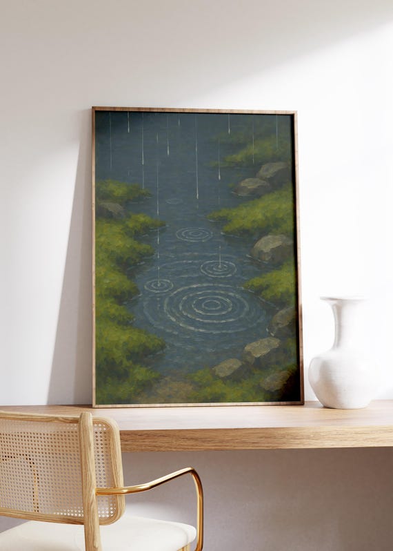 Rainfall Wall Art Print Raindrops Hitting Puddle With Ripples Mossy Stones Moody Nature Scene Minimal Green Decor Calm Forest Poster