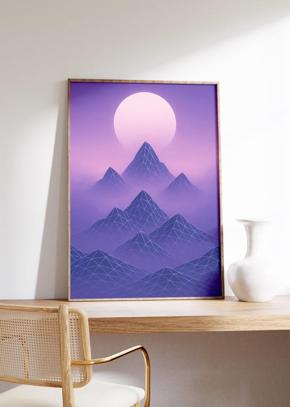 Lavender Grid Mountains Wall Art Print Wireframe Peaks Violet Mist Third Moon Rising Synthwave Dreamscape Pastel Surrealism Vibe