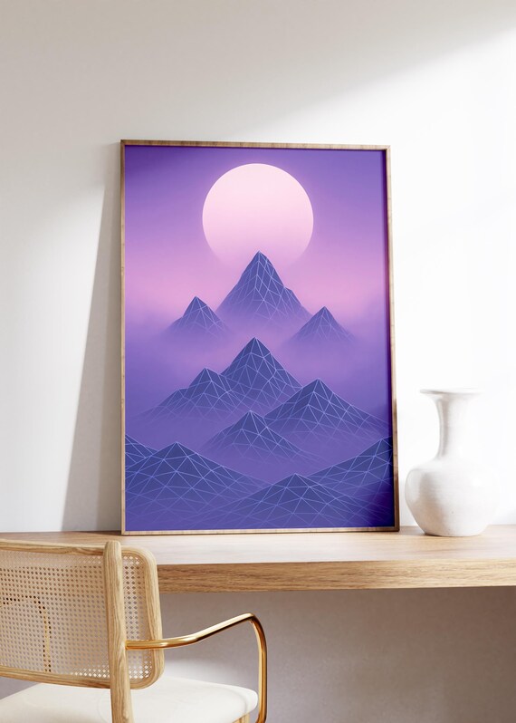 Lavender Wireframe Mountains Under Soft Pale Moon Digital Poster