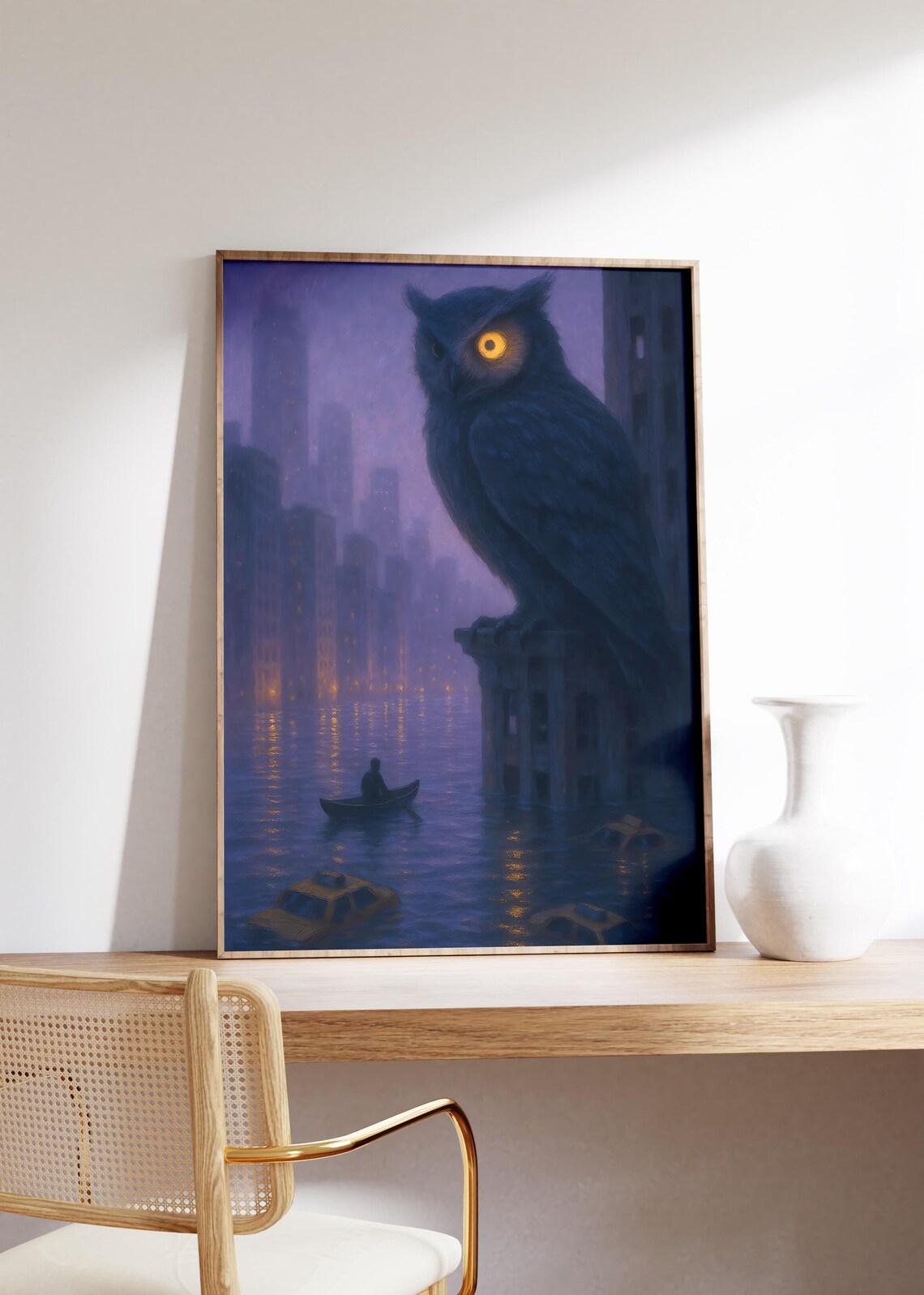Giant Owl Over Flooded Purple City Surreal Dreamscape Poster