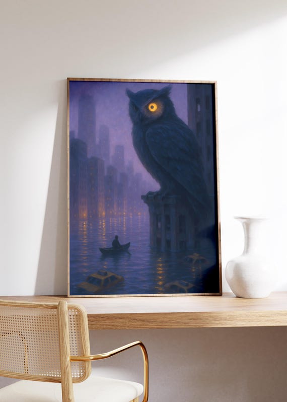 Giant Owl Wall Art Print Surreal Cityscape Purple Tones Glowing Eye Flooded Buildings Moody Light Cinematic Vibe Dreamlike Mood