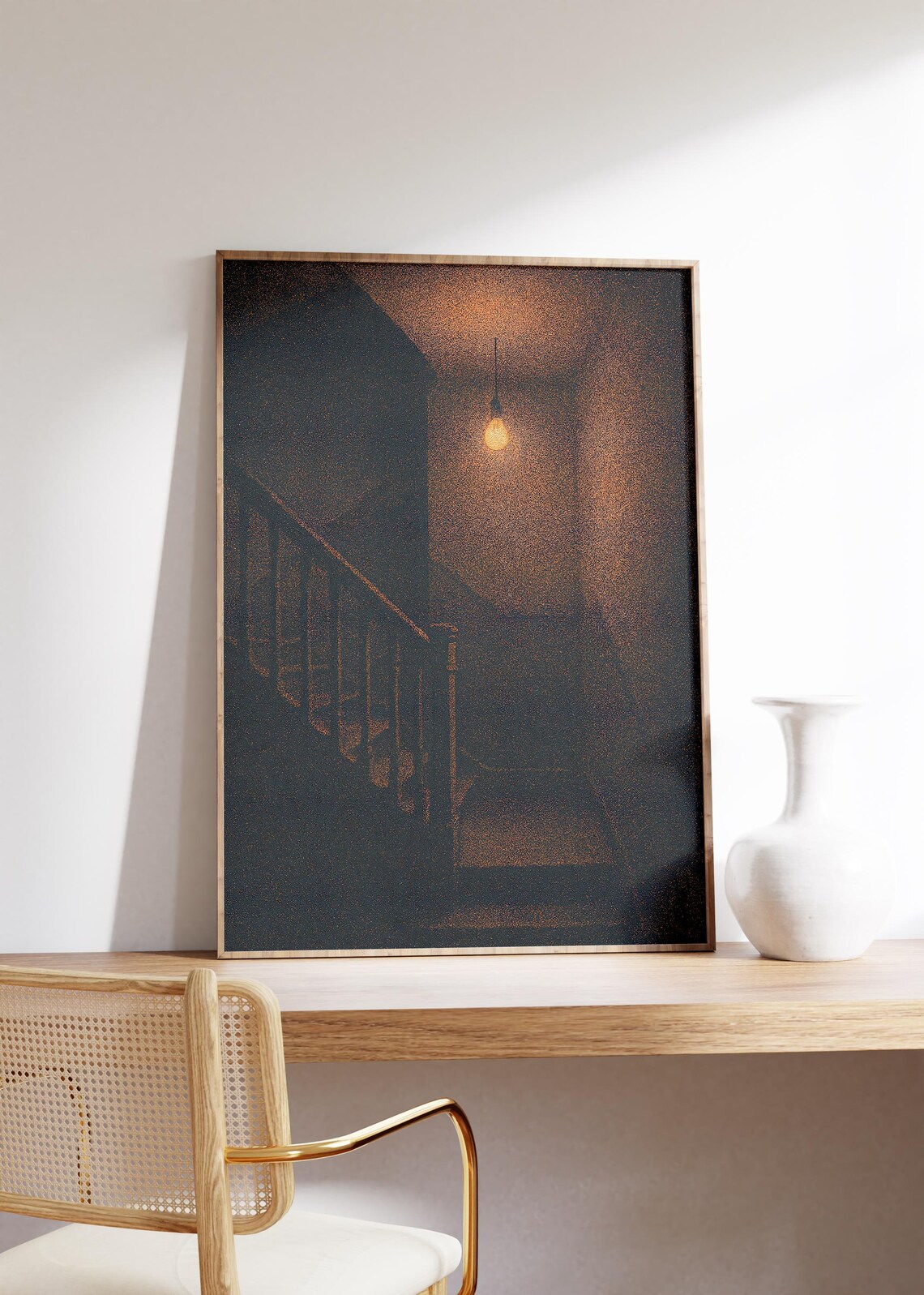 Stairwell with Hanging Light Bulb Dark Moody Hallway Glow Poster