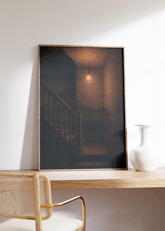 Stairwell Light Wall Art Print Moody Hallway Glow Soft Pointillism Texture Dark Shadows Quiet Night Interior Minimal Vintage Vibe
