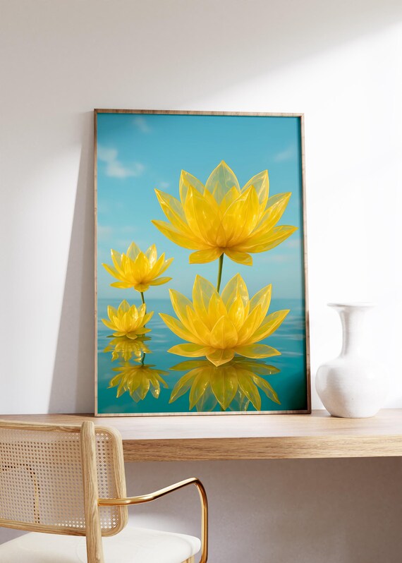 Glossy Yellow Lotus Blooms Floating on Tranquil Blue Water Poster