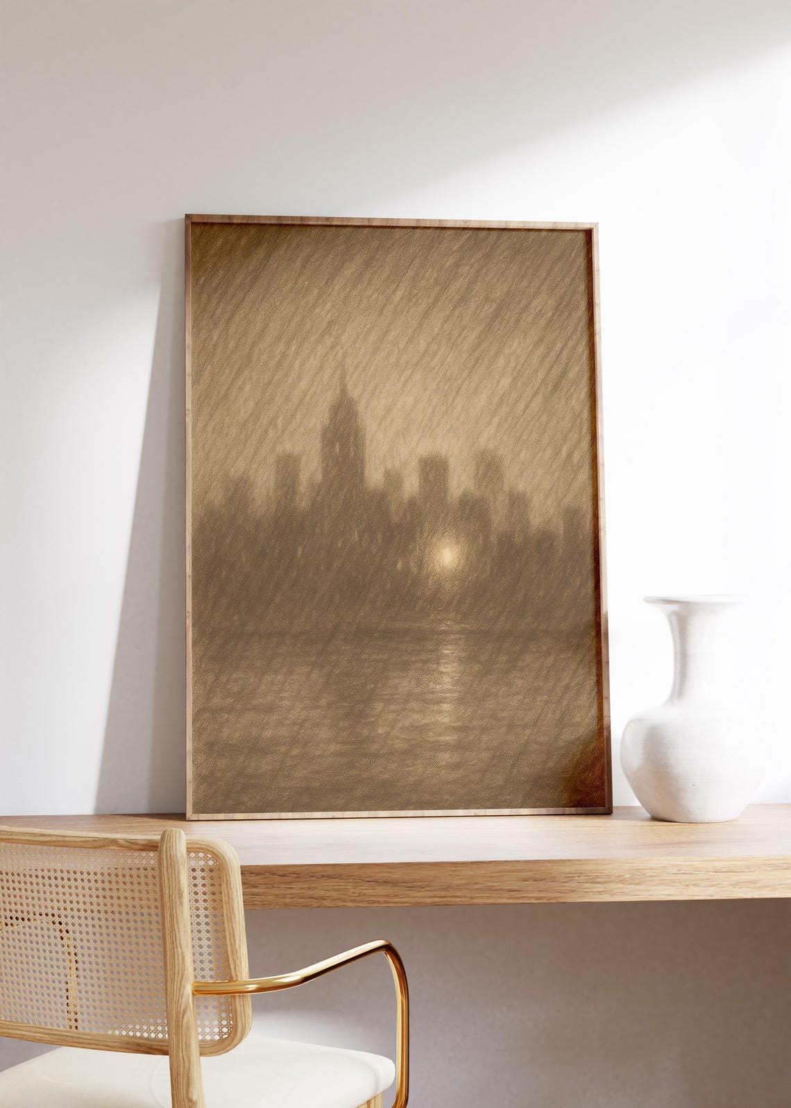 Rainy City Skyline Sepia Sketch Glowing Light Over Water Print
