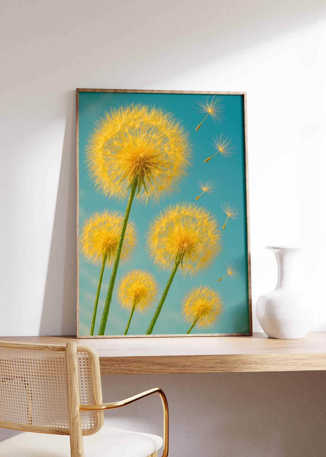 Golden Dandelion Seed Heads Teal Sky Floating Wishes Art Poster
