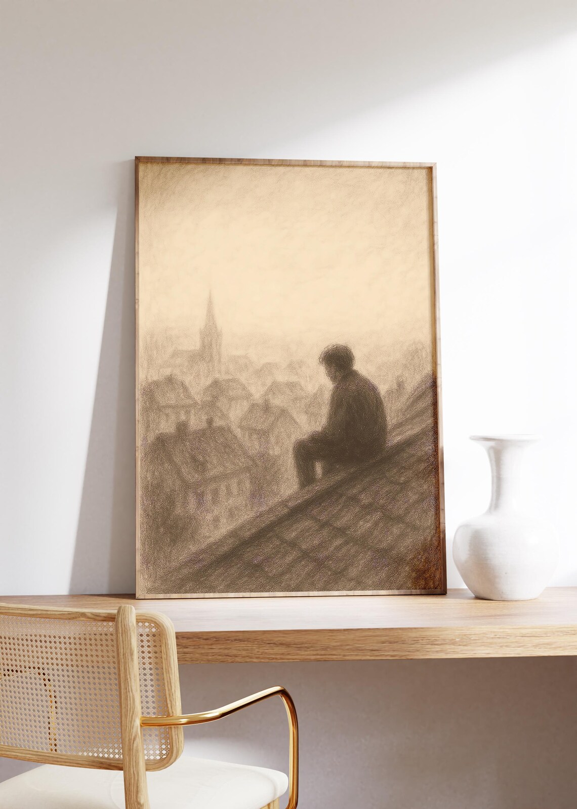 Lone Figure On Rooftop Overlooking Foggy Town Sepia Sketch Poster