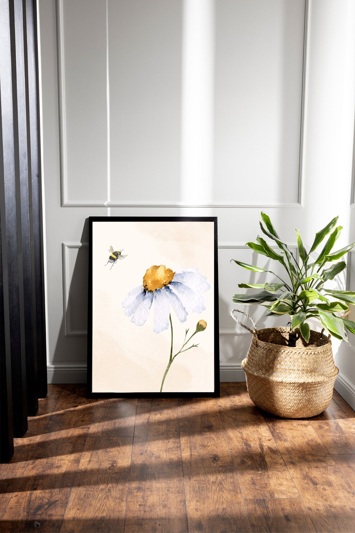 White Daisy Watercolor Flower Bee Botanical Minimalist Art Print - Image 3