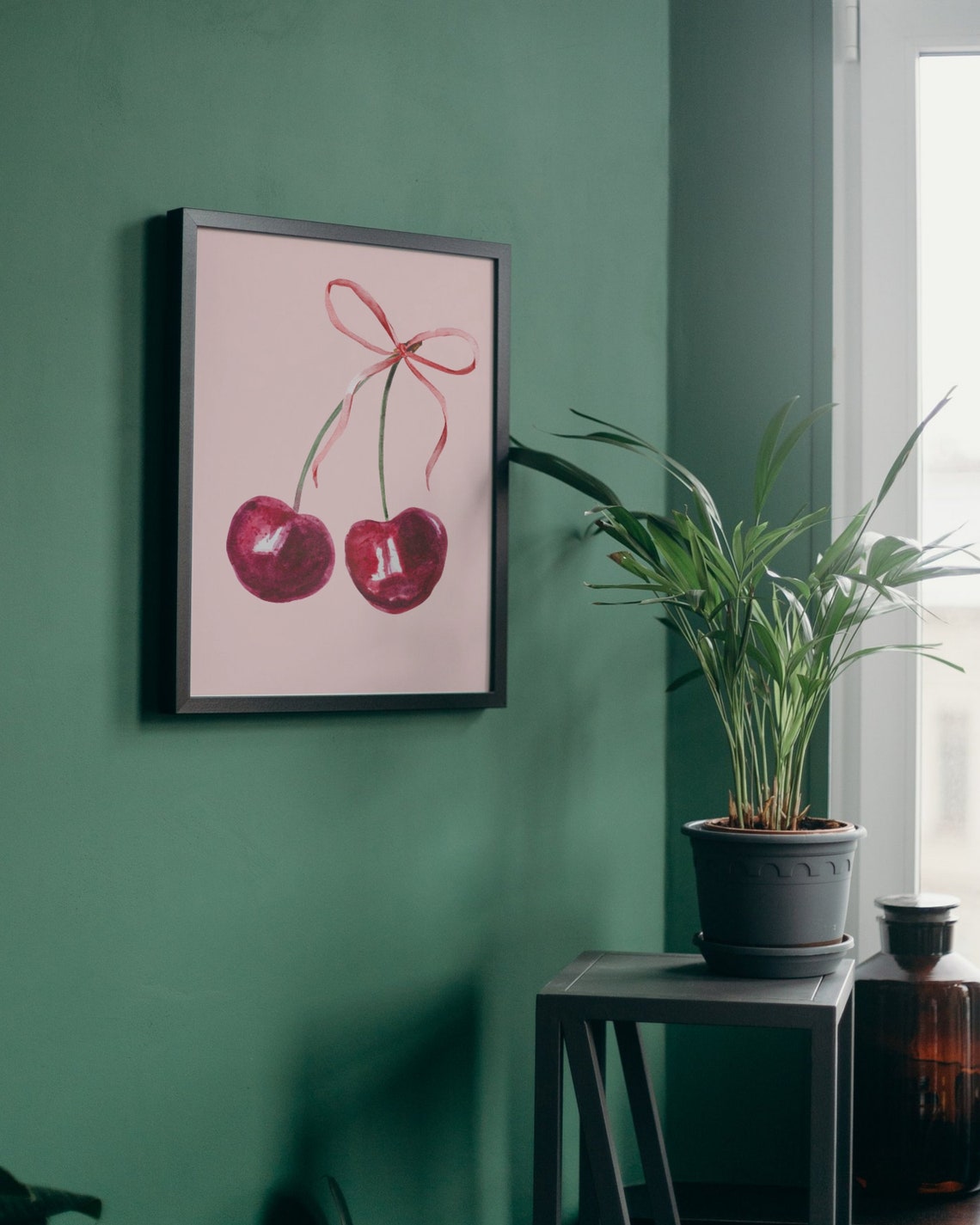 Cherry Watercolor Pair Pink Bow Coquette Aesthetic Poster Art Decor - Image 3