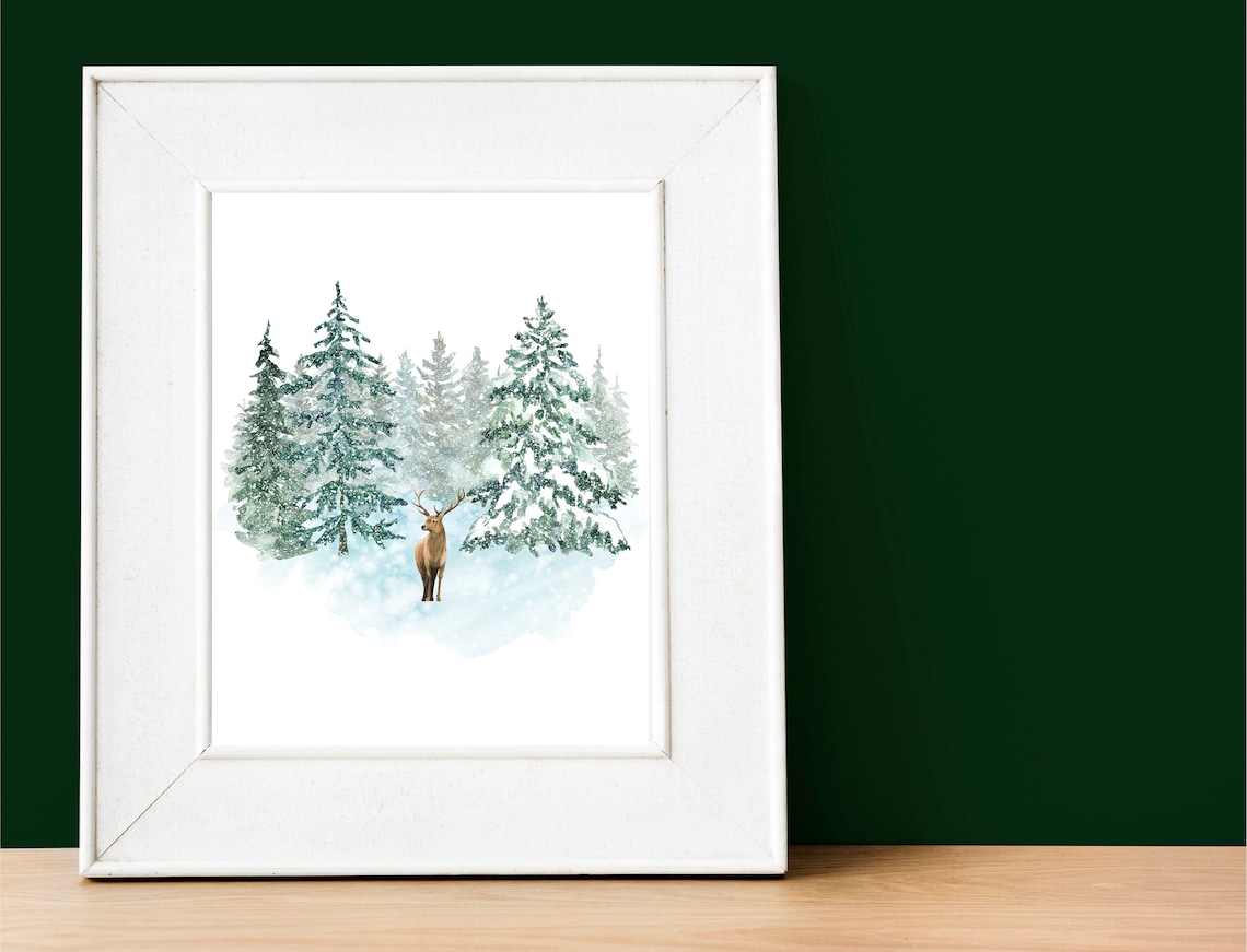 Winter Deer in Snowy Pines Watercolor Christmas Forest Poster - Image 3