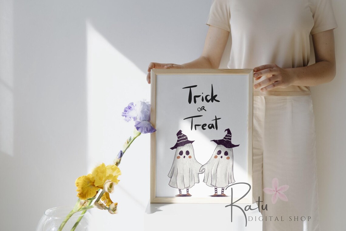 Trick Or Treat Cute Ghosts Witch Hats Halloween Poster Kids Decor - Image 2