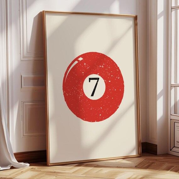 Red 7 Ball Distressed Vintage Retro Pool Billiards Wall Poster