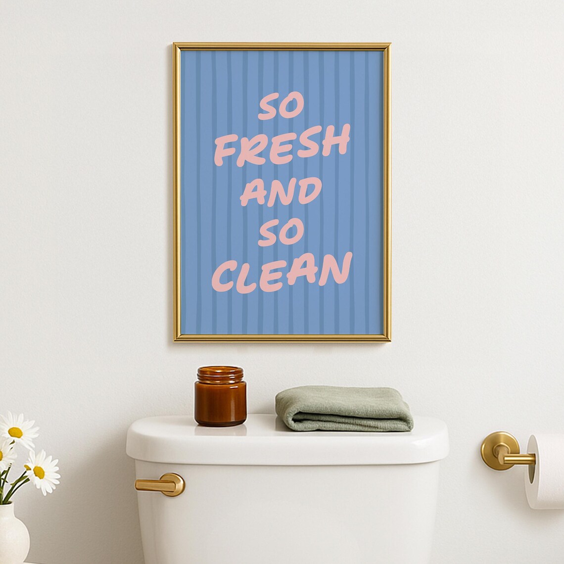 So Fresh And Clean Blue Print Laundry Room Decor Funny Bathroom Quote Coquette Retro Striped Wall Art