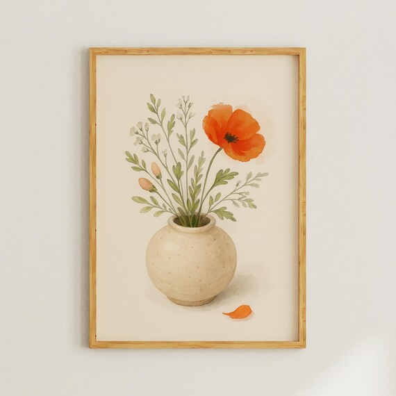 Japandi Watercolor Poppy Flower Vase Neutral Floral Art Print