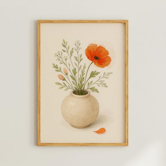 Minimalist Japandi Style Vase With Poppy Flower Wall Art Neutral For Calm And Elegant Home Decor Zen Flowers Print