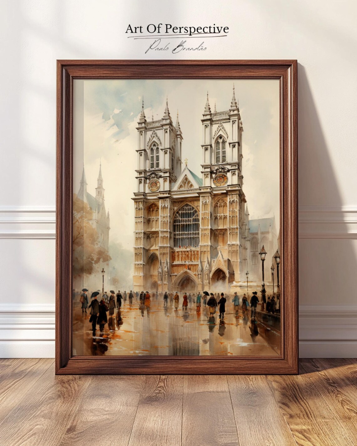 Westminster Abbey London Watercolor Rainy Crowd Gothic Architecture Poster