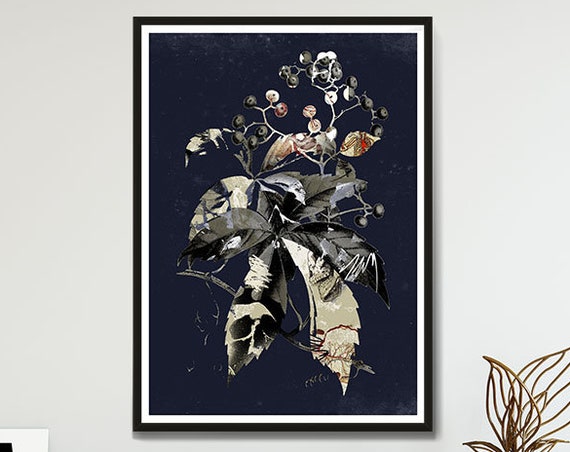 Botanical Leaves Navy Print, Gothic Vintage Poster