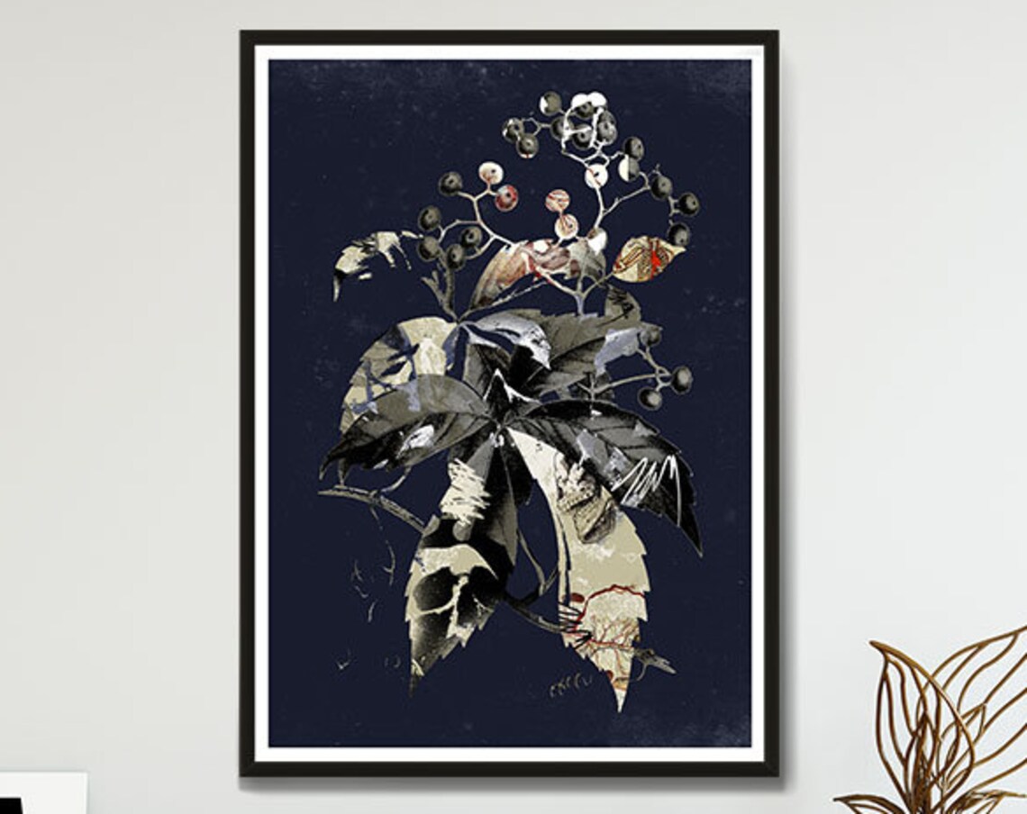 Botanical Leaves Navy Print, Gothic Vintage Poster