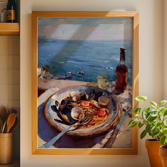 Seafood Pasta Bowl With Ocean View Coastal Kitchen Painting Poster