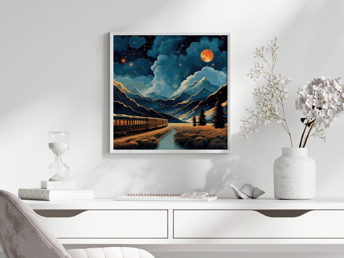 Glowing Night Train Journey Through Moonlit Mountains Pop Art Poster - Image 3