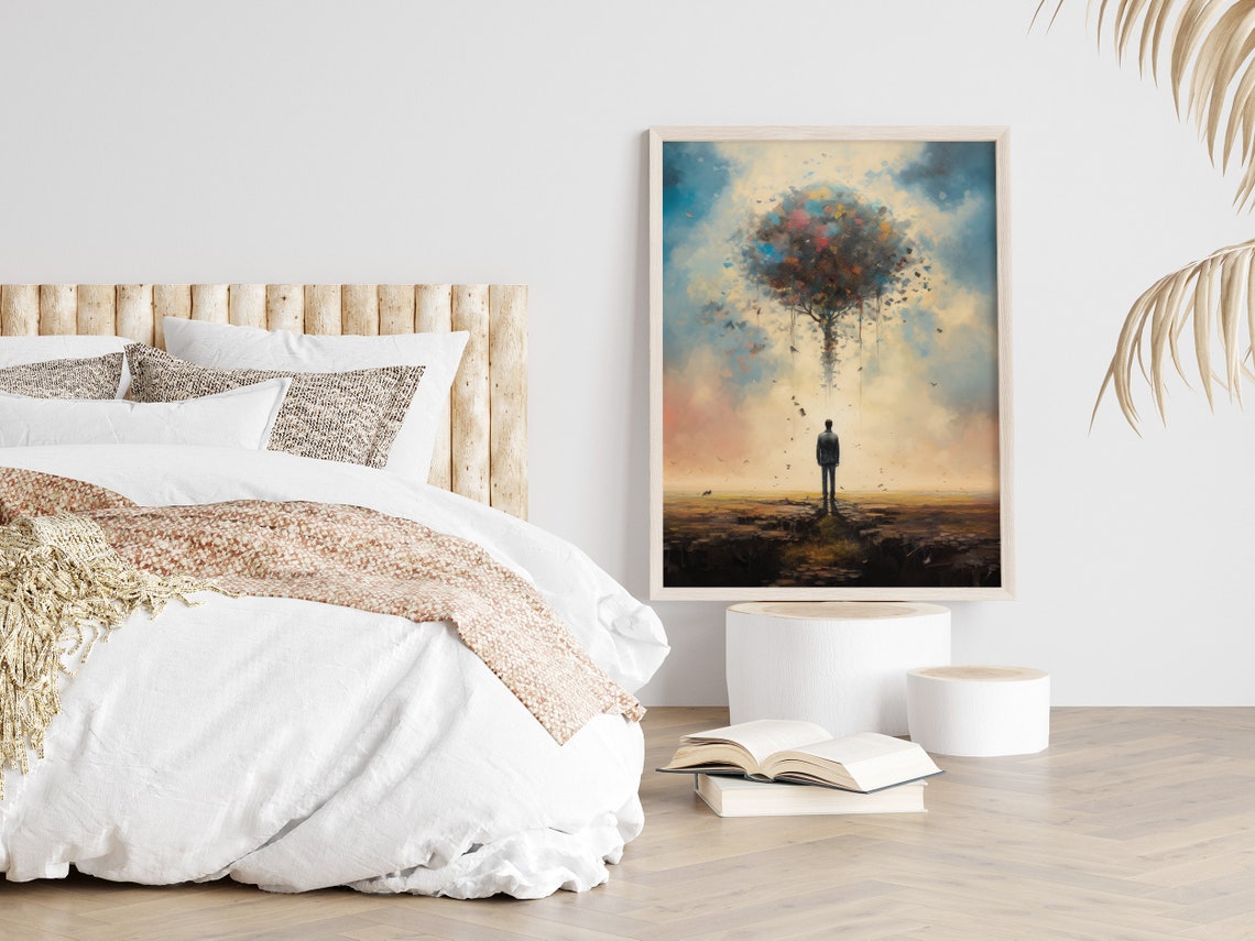 Surreal Lone Figure Beneath a Dissolving Tree Dreamlike Art Poster - Image 2