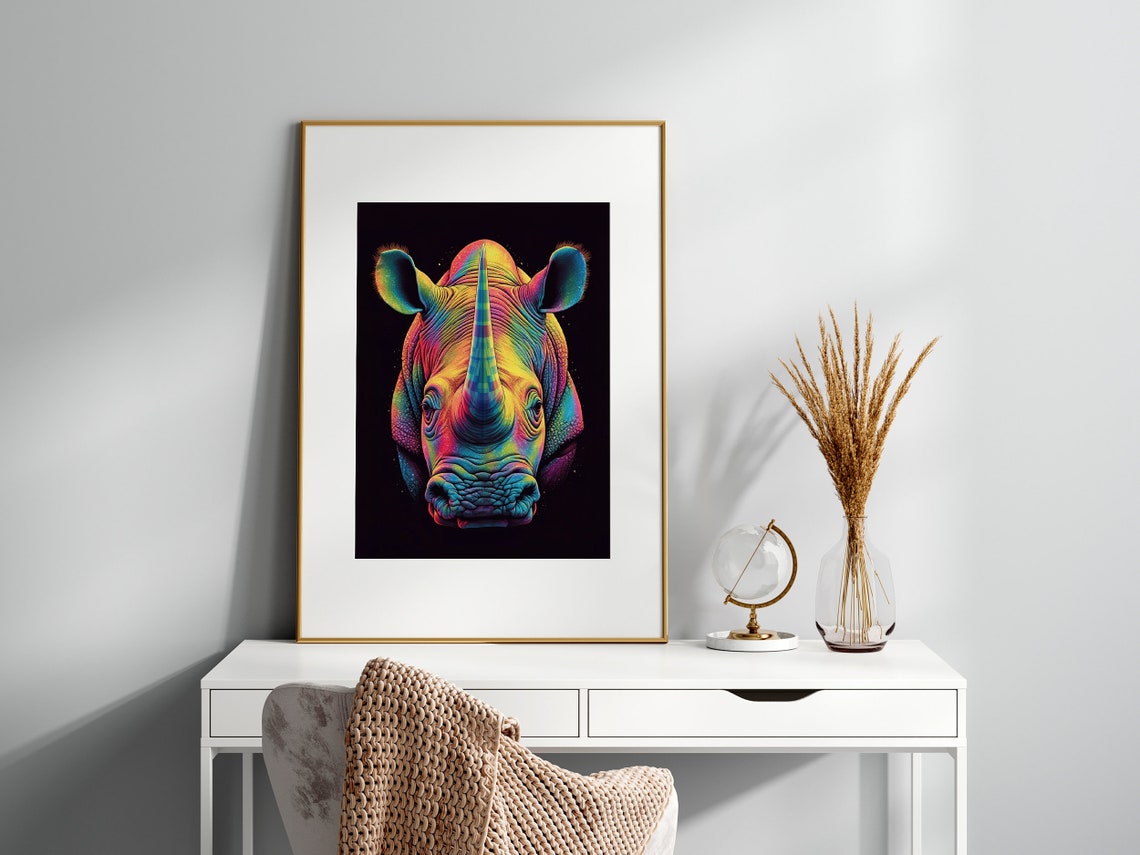 Neon Rainbow Rhino Head Portrait on Black Background Art Poster - Image 3