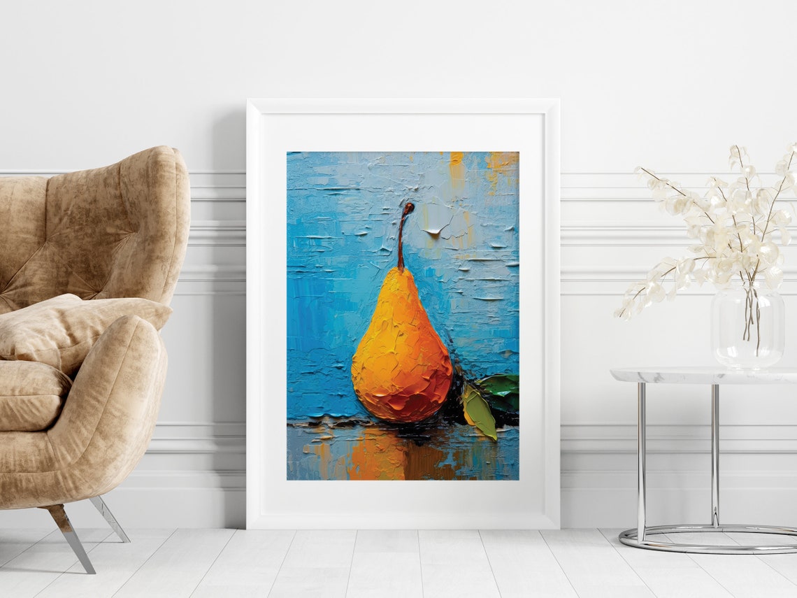 Golden Ripe Pear Against Textured Cobalt Blue Impasto Art Poster - Image 3
