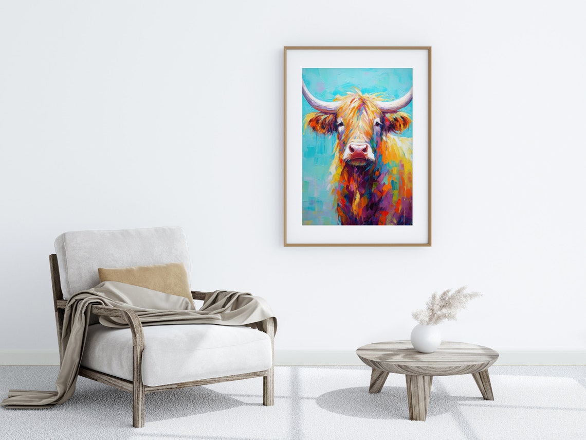 Colorful Shaggy Highland Cow on Vivid Turquoise Impasto Poster - Image 5