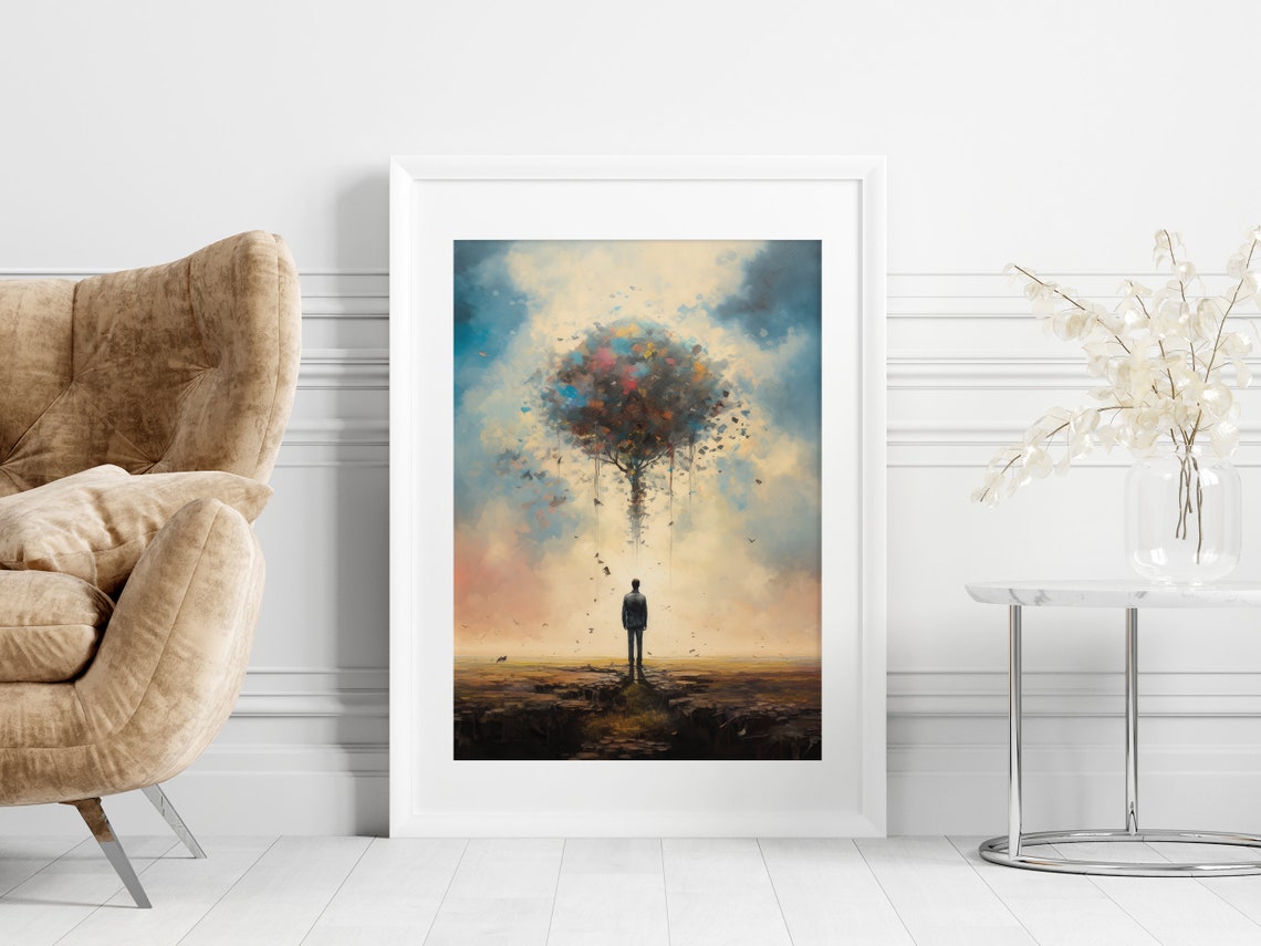 Surreal Lone Figure Beneath a Dissolving Tree Dreamlike Art Poster - Image 4