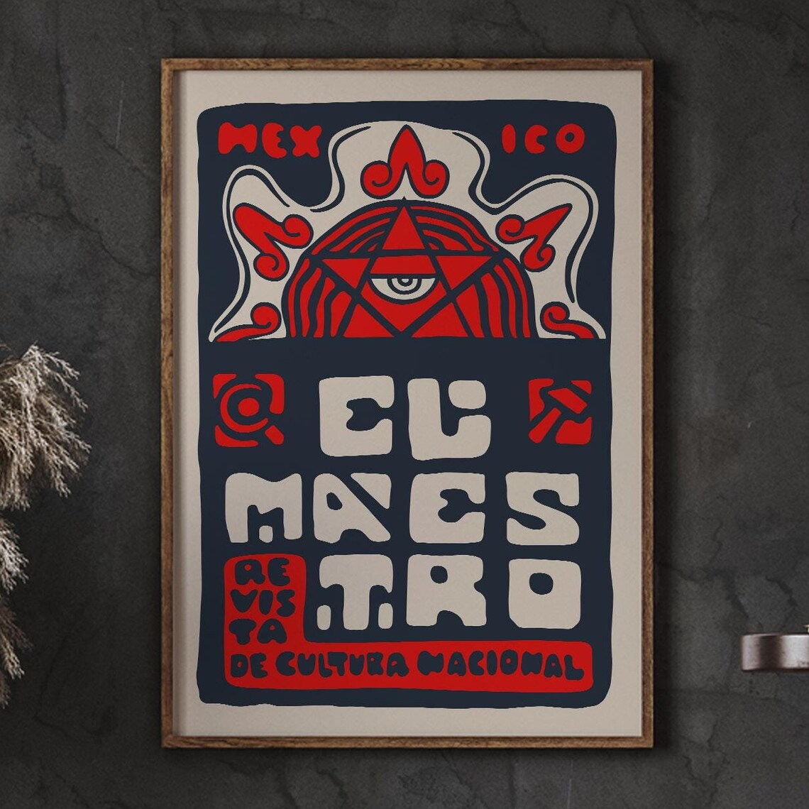 El Maestro Mexico Poster Red Navy Vintage Mexican Culture Magazine Art
