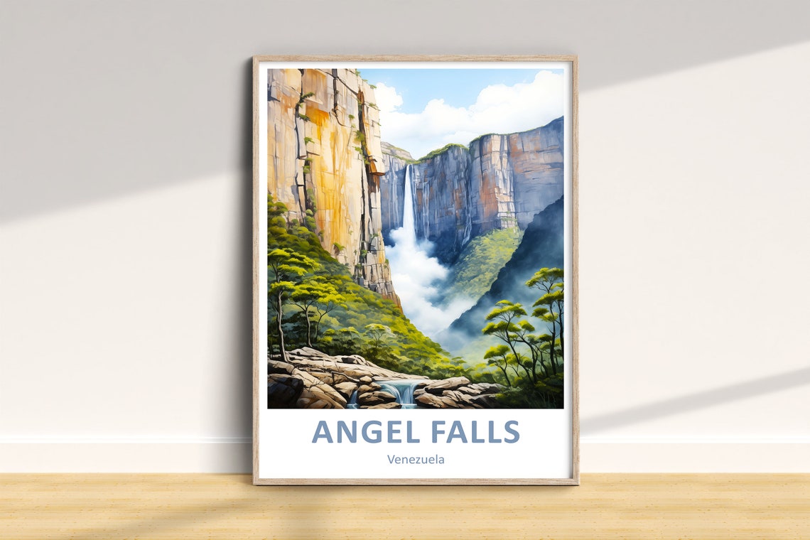 Angel Falls Venezuela Watercolor Jungle Waterfall Nature Art Poster