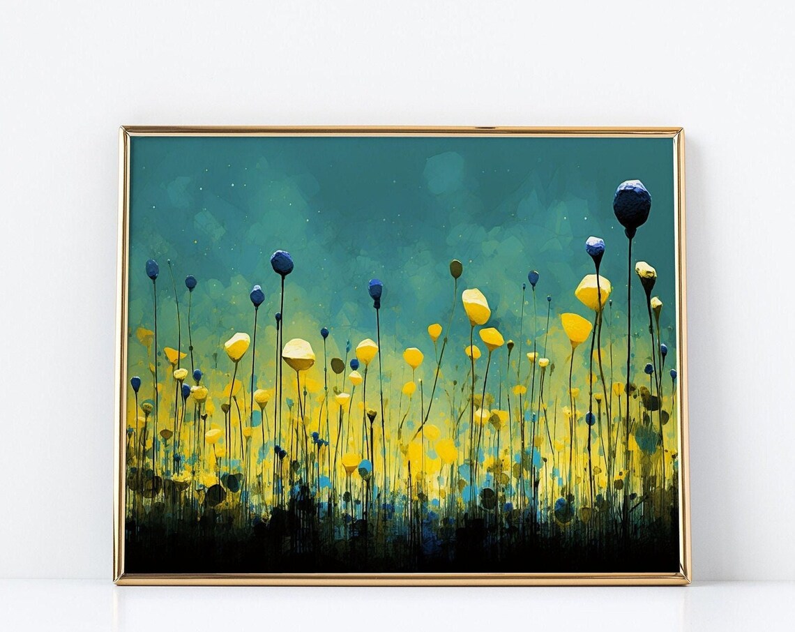 Abstract Wildflower Field Blue Buds Yellow Blooms Teal Sky Art Poster