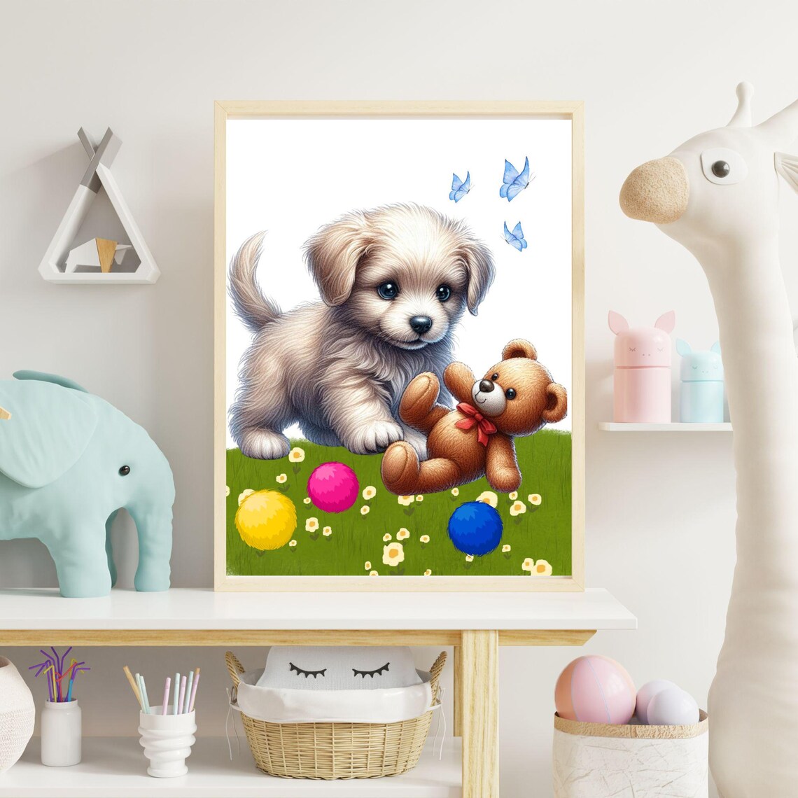 Fluffy Puppy With Teddy Bear and Colorful Balls Playtime Poster - Image 2